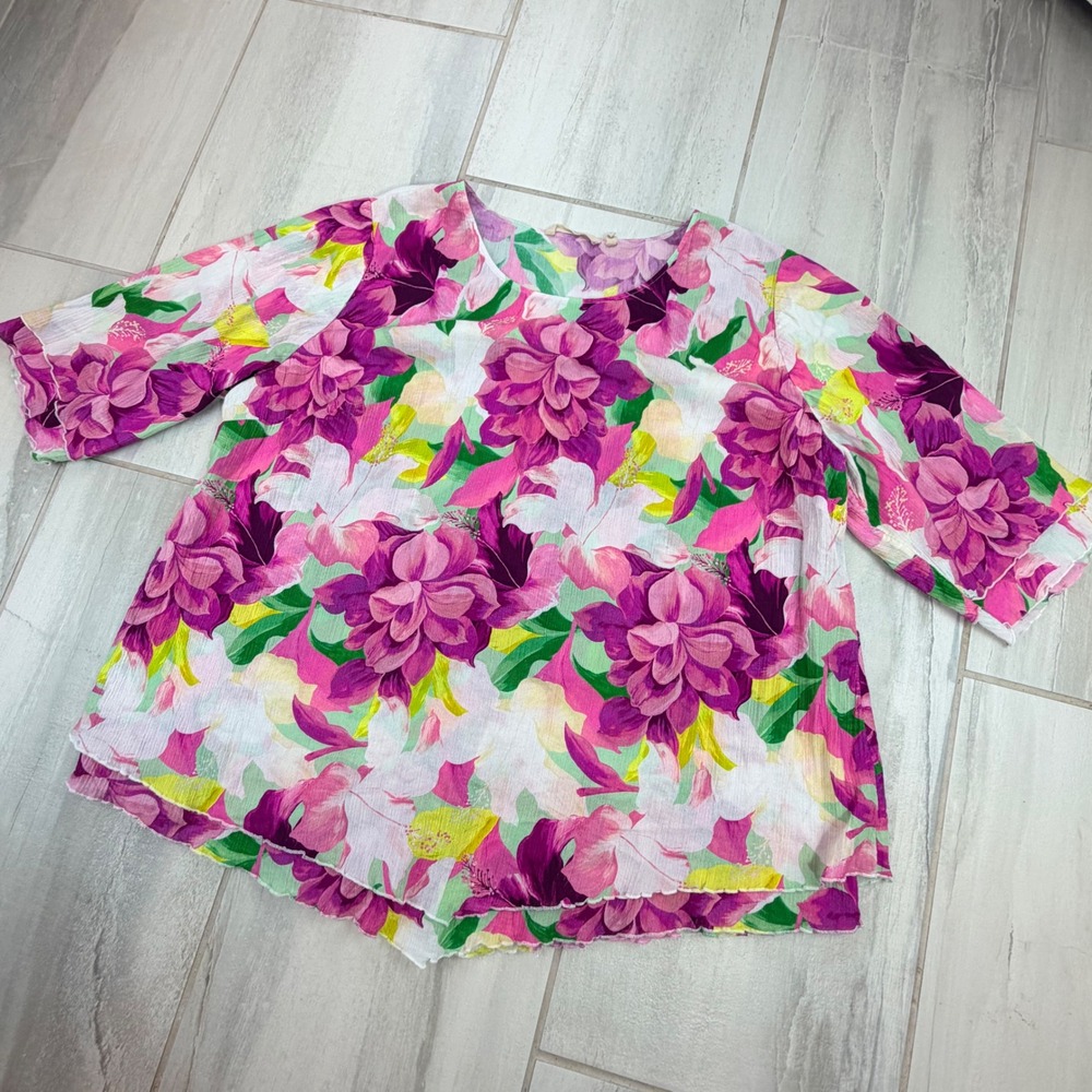 Soft Surroundings Pink Floral Cotton Gauze Top 2X Tropical Lettuce Edge SFW37